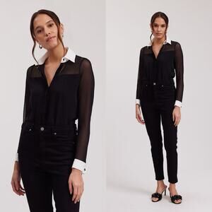 Anne Fontaine Sheryl Mesh Button Down Shirt Black White Size 6 EUC